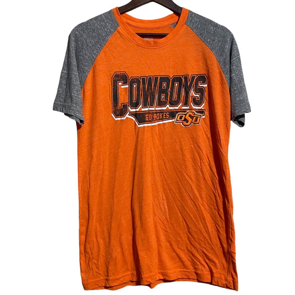 Oklahoma State University OSU cowboys orange and gray raglan shirt - medium